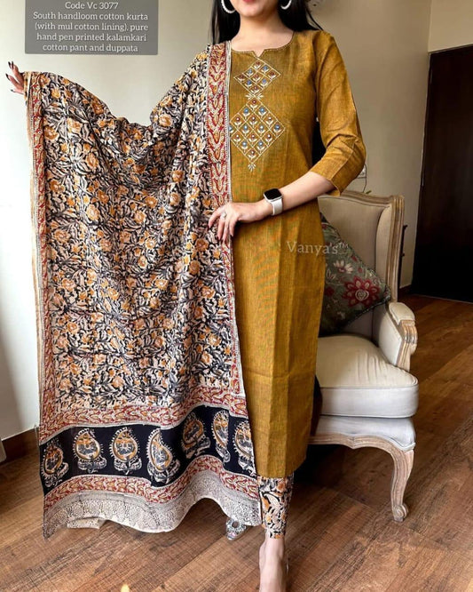 South Handloom Cotton Kurta Set – Kalamkari Dupatta Edition