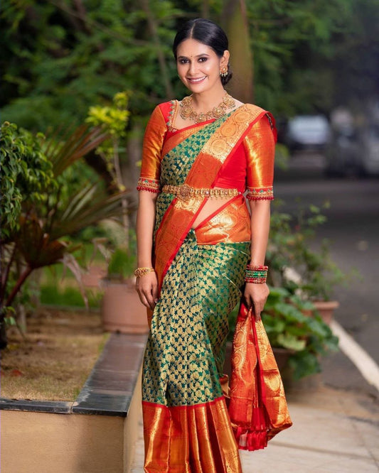 Dark Green & Red Banarasi Silk Saree