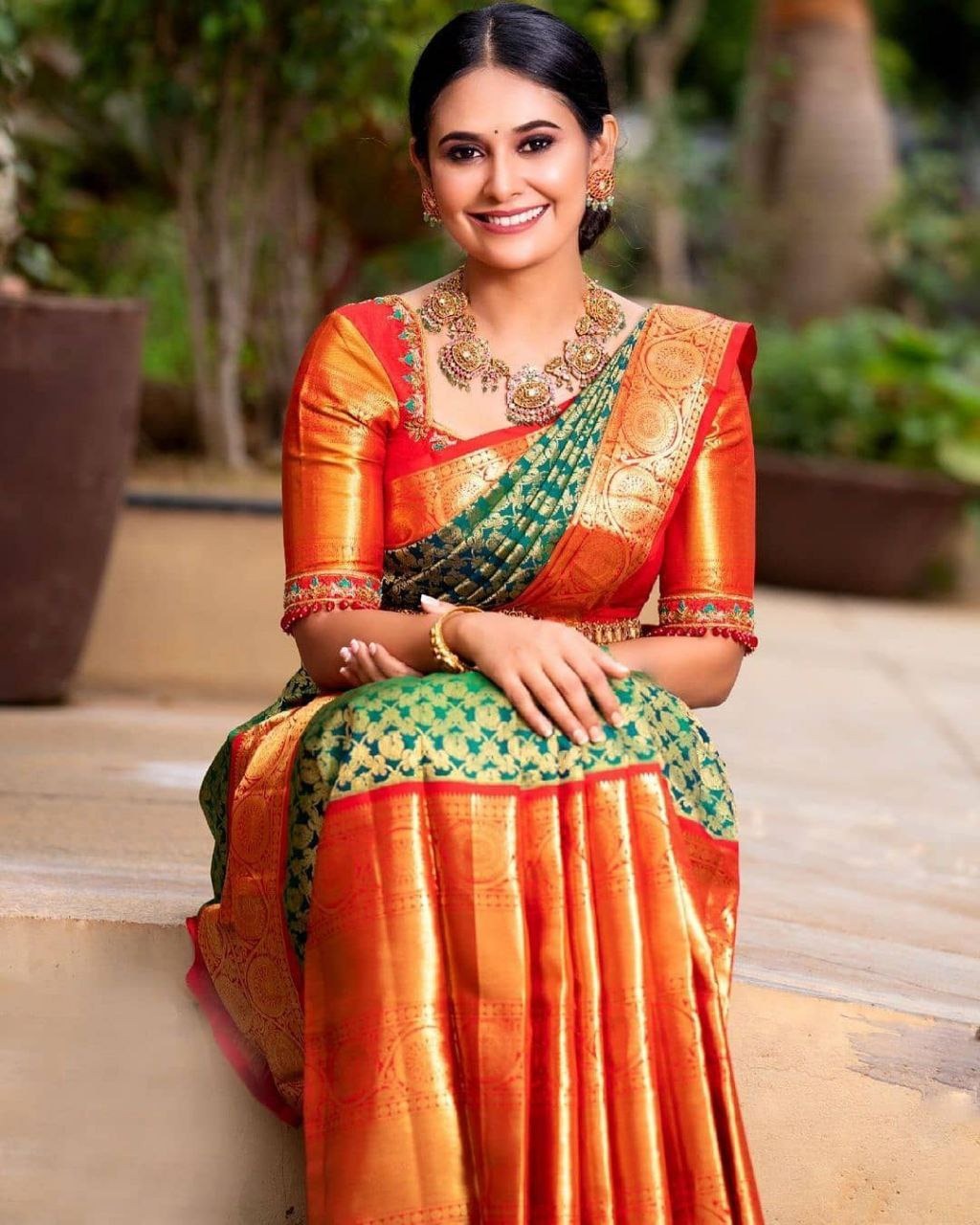 Dark Green & Red Banarasi Silk Saree