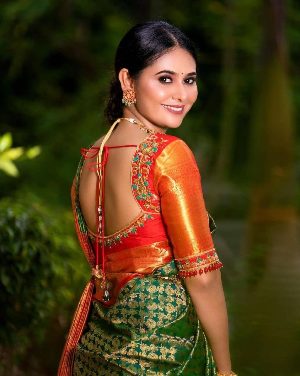 Dark Green & Red Banarasi Silk Saree