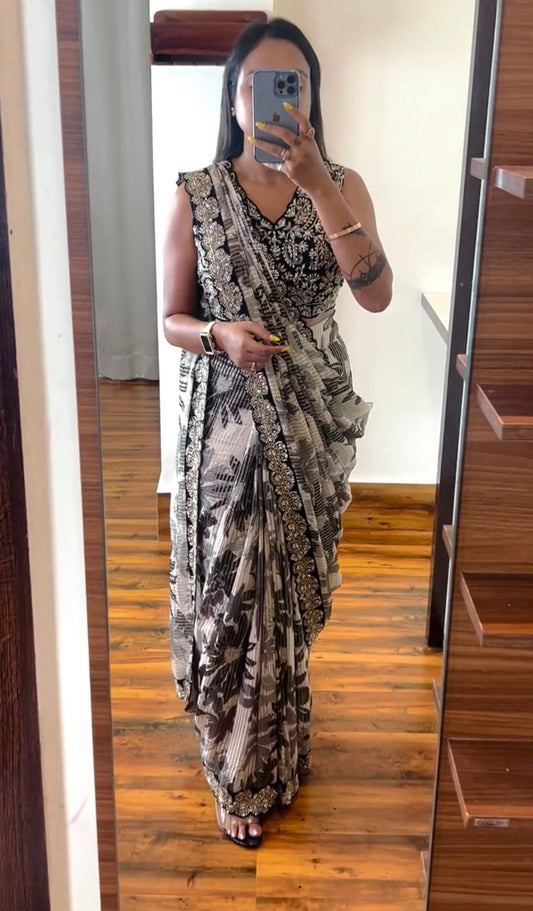 MONOCHROME MAJESTY – Ready-to-Wear Embroidered Saree with Blouse