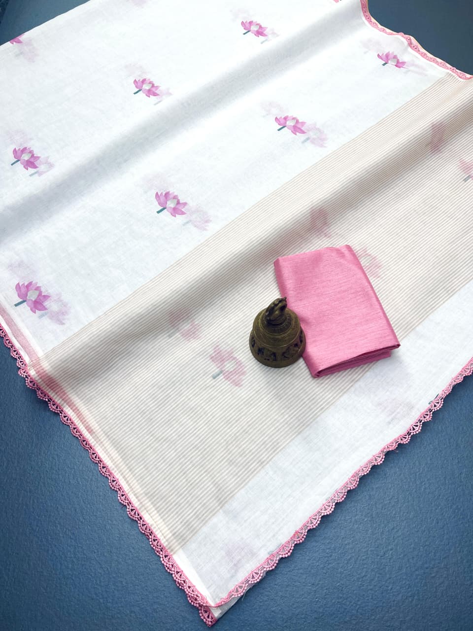 WHISPERS OF BLOSSOM – Ivory Linen Saree with Pink Floral Elegance