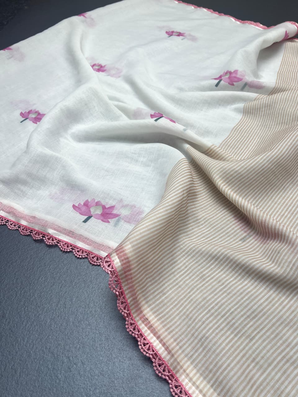 WHISPERS OF BLOSSOM – Ivory Linen Saree with Pink Floral Elegance