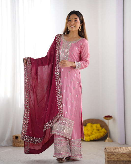 ROYAL RADIANCE IN ROSE & RUBY – Festival Ready Embroidered Kurti Set