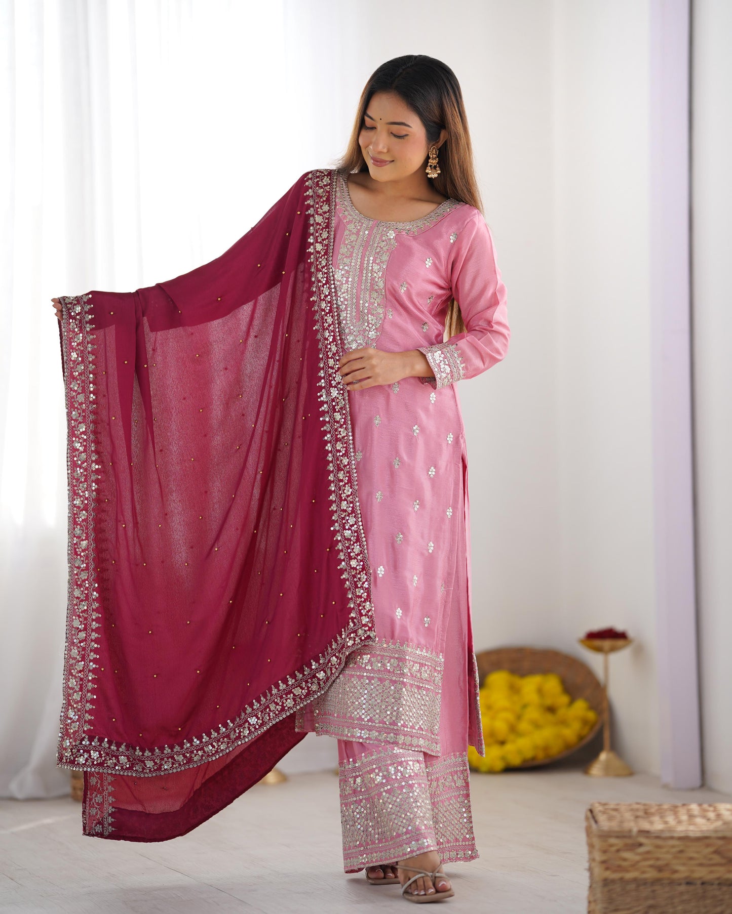 ROYAL RADIANCE IN ROSE & RUBY – Festival Ready Embroidered Kurti Set