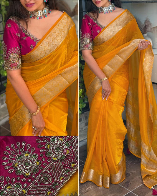Handwork Blouse with Fandy Satin Saree