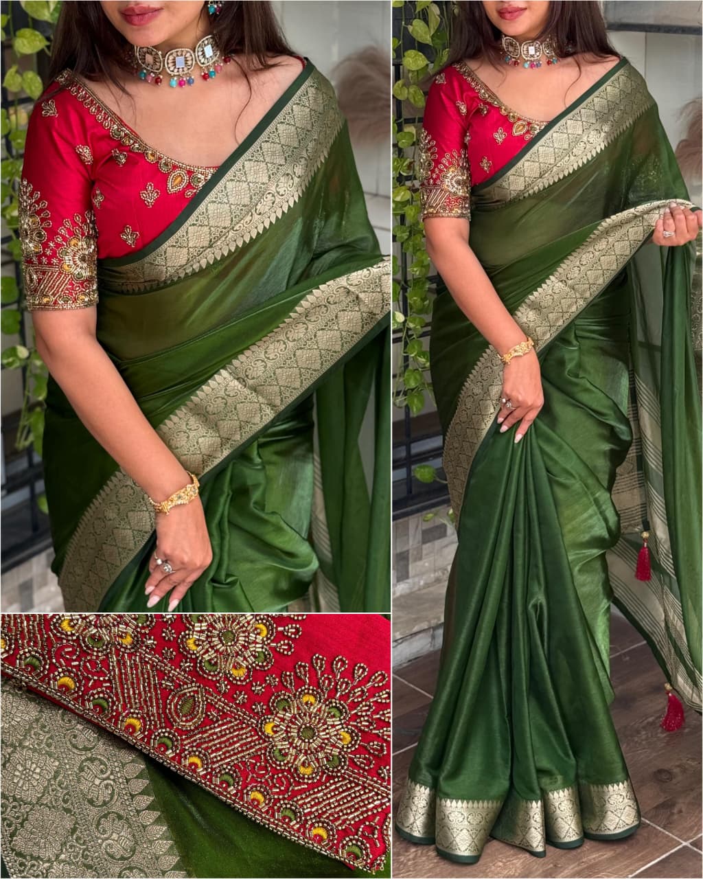 Handwork Blouse with Fandy Satin Saree