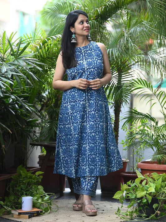 Floral Block Print Kurti with Straight Pants