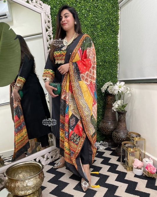 Black Rayon Kurti Set with Embroidered Detailing & Printed Dupatta