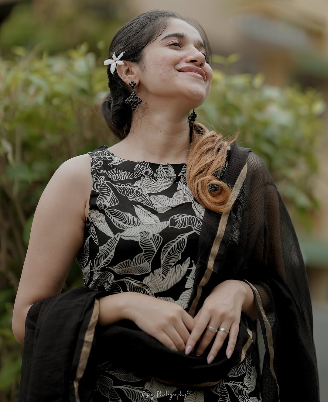 Black Base with White Floral Design Kurti Set.