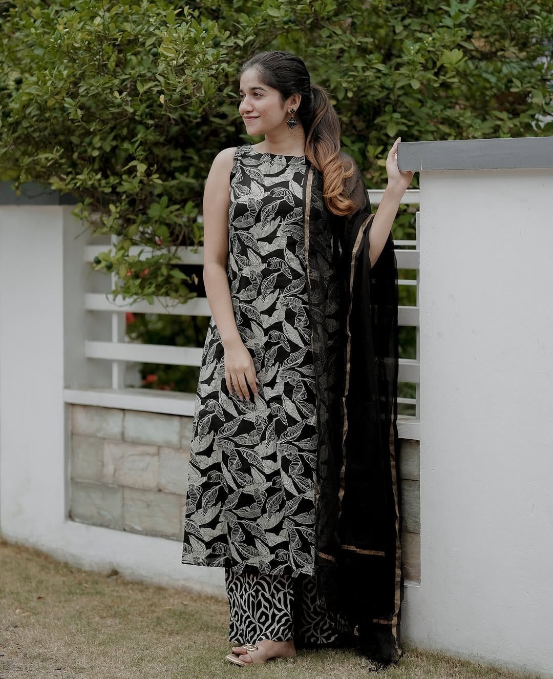 Black Base with White Floral Design Kurti Set.