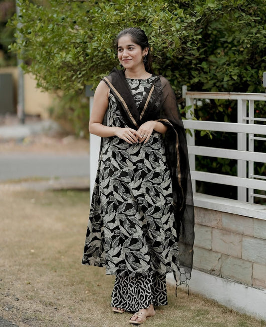 Black Base with White Floral Design Kurti Set.