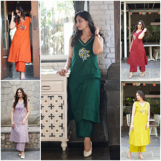 Sleeveless Cotton Embroidery Kurti Set- Colour Variants.