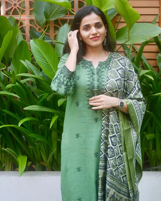 Embroidered Cotton Kurta Set with Khadi Silk Ajrakh Dupatta