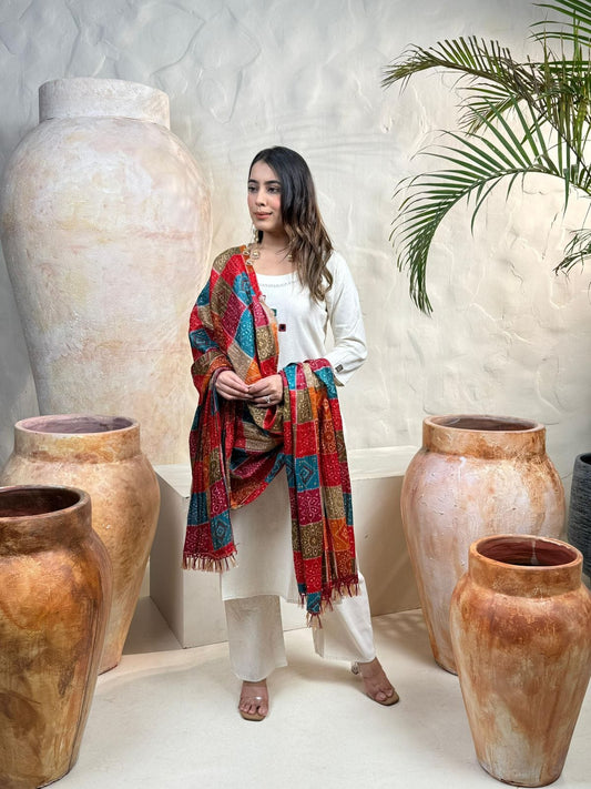 Off-White Khadi Cotton Suit Set with Embroidered Detailing & Bandhani Dupatta