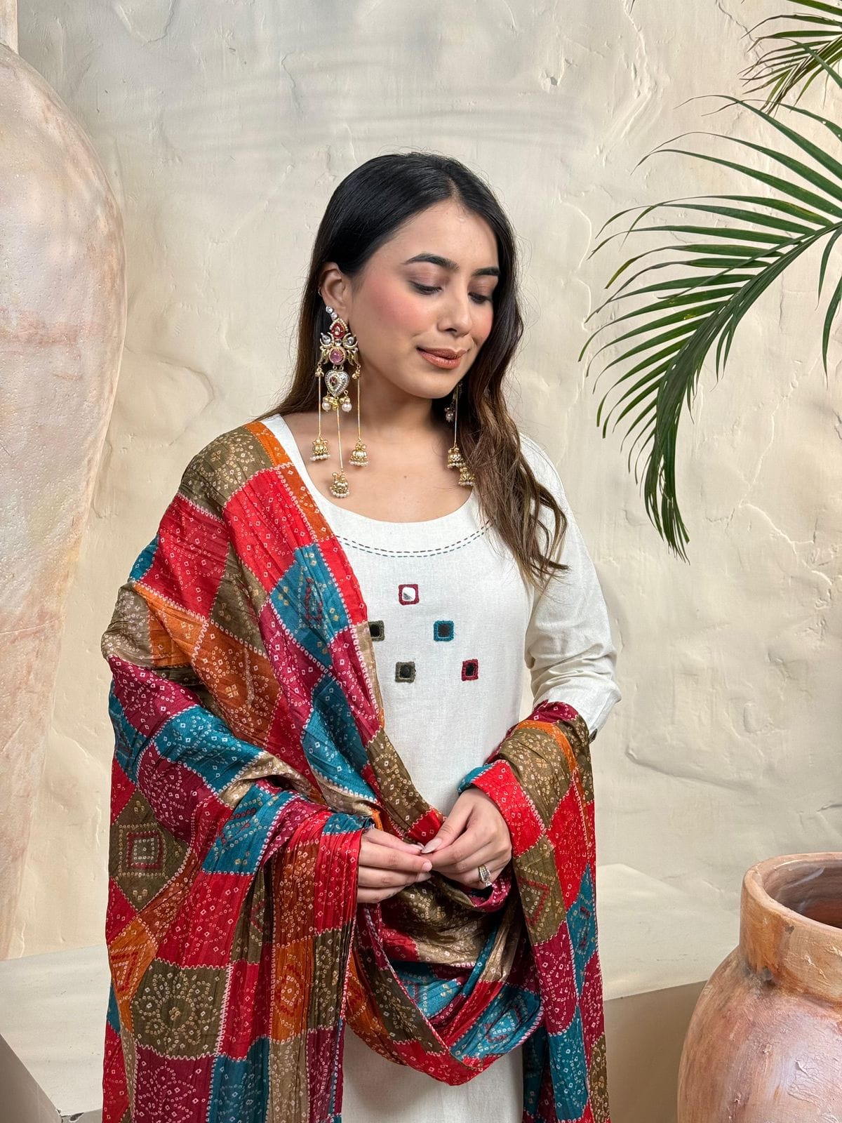 Off-White Khadi Cotton Suit Set with Embroidered Detailing & Bandhani Dupatta