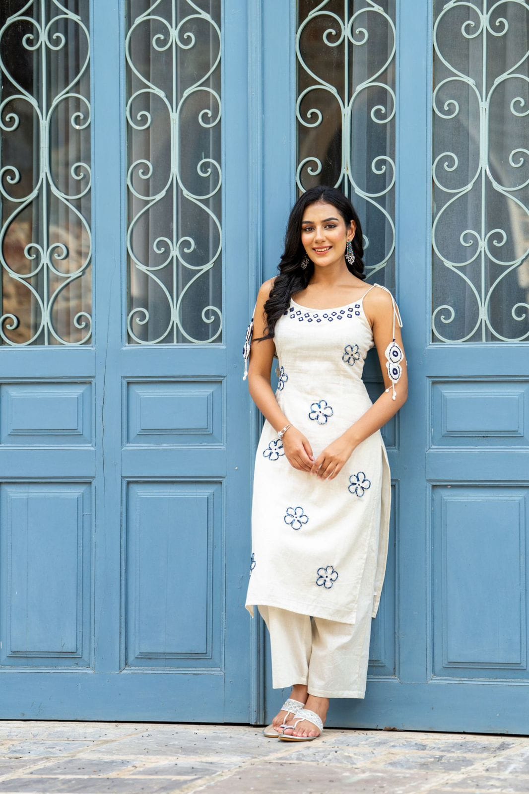 Off-White (Ivory) Cotton Kurti Set with Embroidered Floral Motifs
