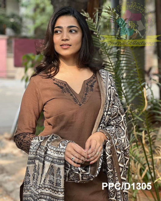 Brown Cotton Kurti Set with Printed Dupatta.