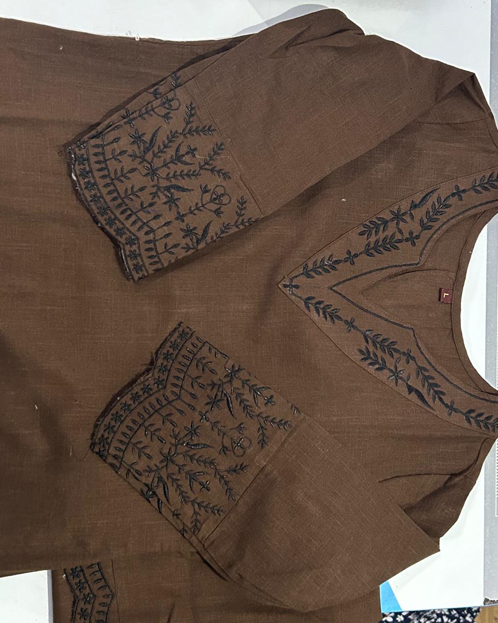 Brown Cotton Kurti Set with Printed Dupatta.