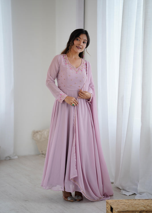 New Party Wear Look – Pastel Purple Fox Georgette Gown Set.