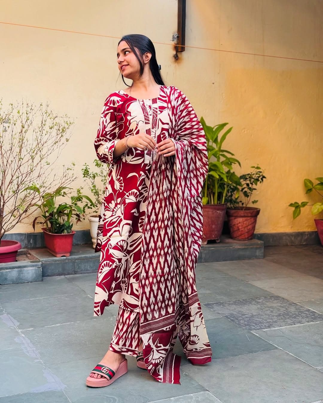 Maroon & Green Straight-Cut Cotton Kurti Set with Dupatta.