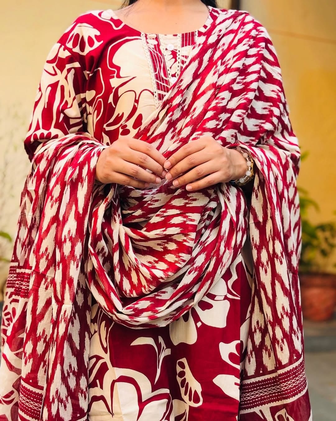 Maroon & Green Straight-Cut Cotton Kurti Set with Dupatta.