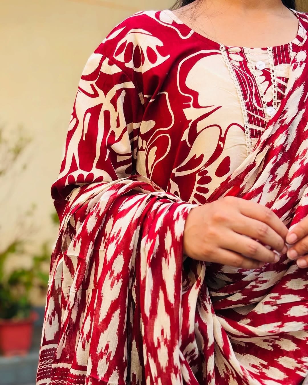 Maroon & Green Straight-Cut Cotton Kurti Set with Dupatta.