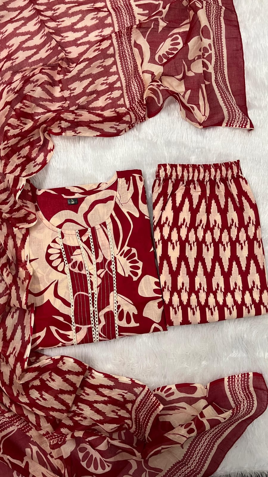 Maroon & Green Straight-Cut Cotton Kurti Set with Dupatta.