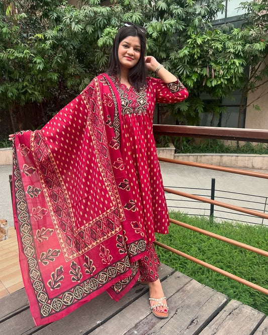 Red A-Line Cotton Kurti Set with Dupatta.