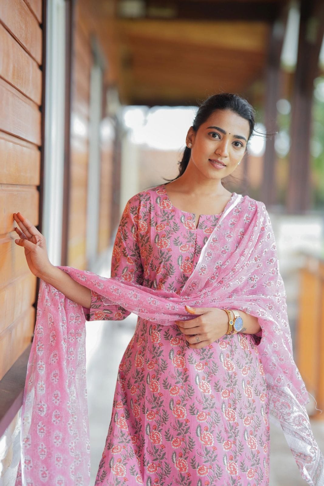 Pink Straight-Cut Cotton Kurti Set with Dupatta.