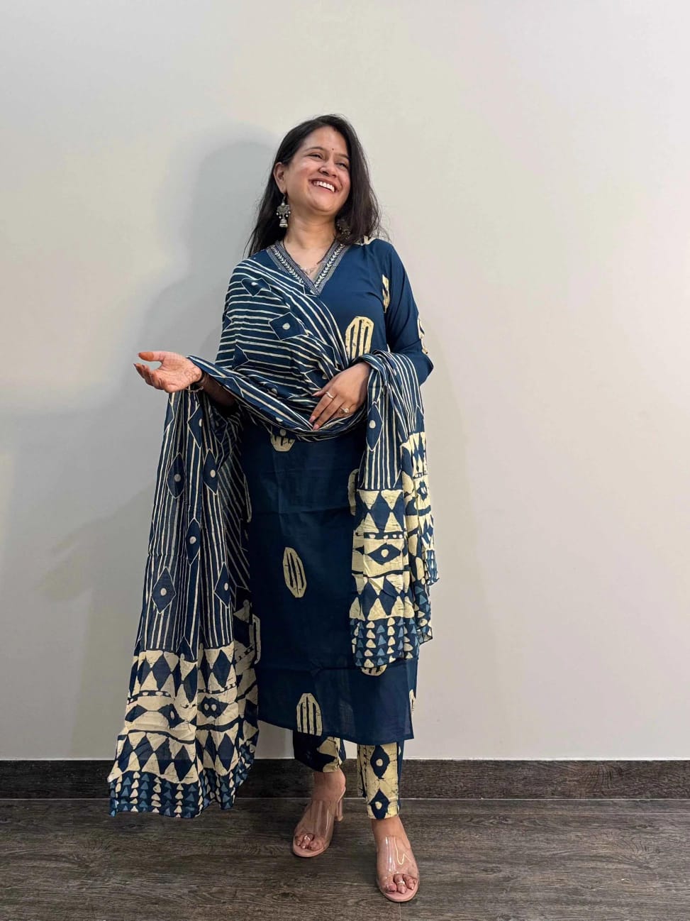 Hand-Block Printed Cotton Kurti Set with Embroidered Neckline & Coordinated Dupatta.
