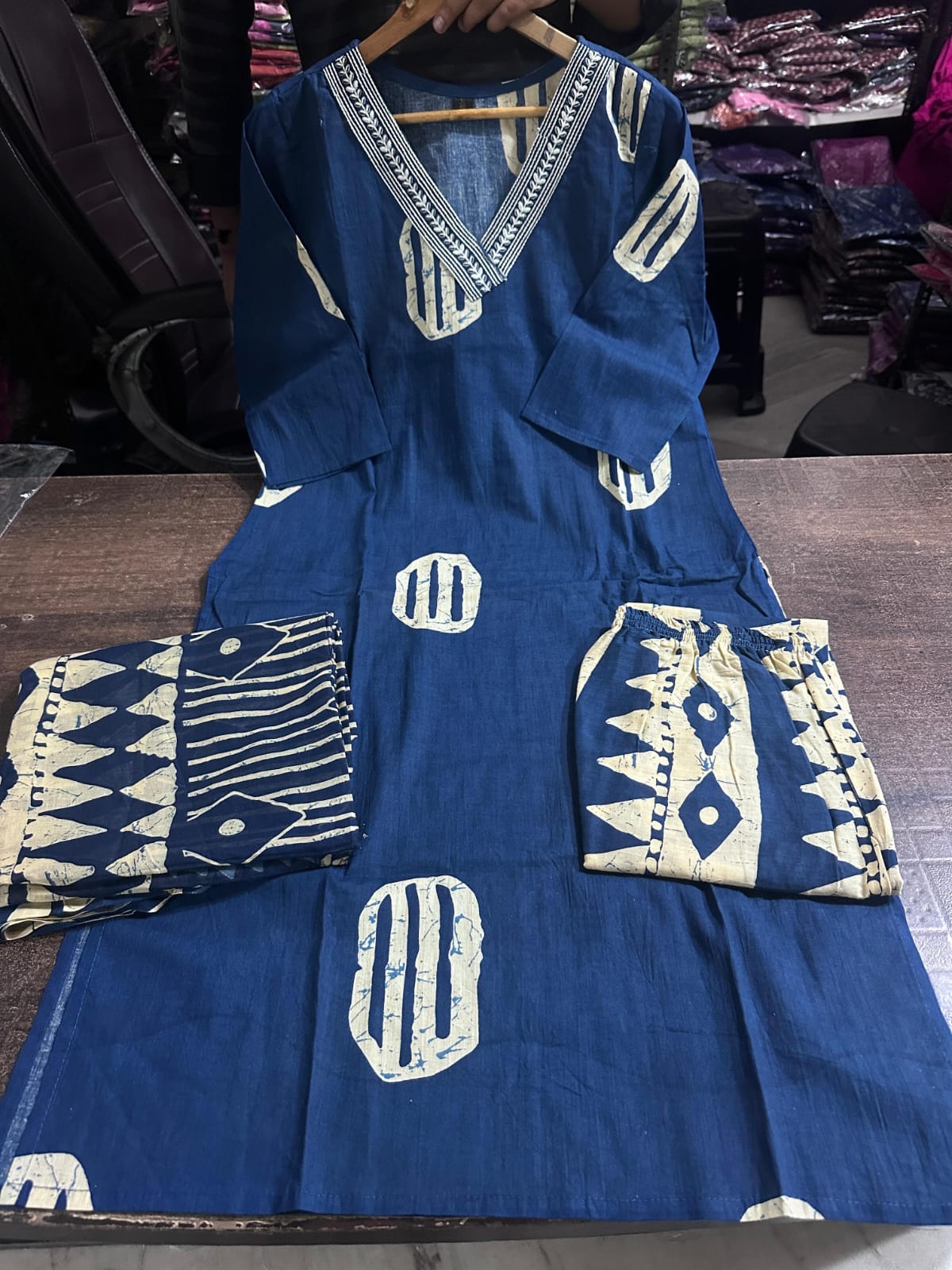 Hand-Block Printed Cotton Kurti Set with Embroidered Neckline & Coordinated Dupatta.