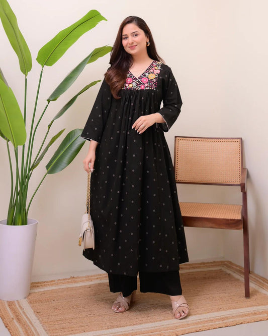 Maroon Cotton A-Line Kurti with Floral Embroidery & Matching Pants.