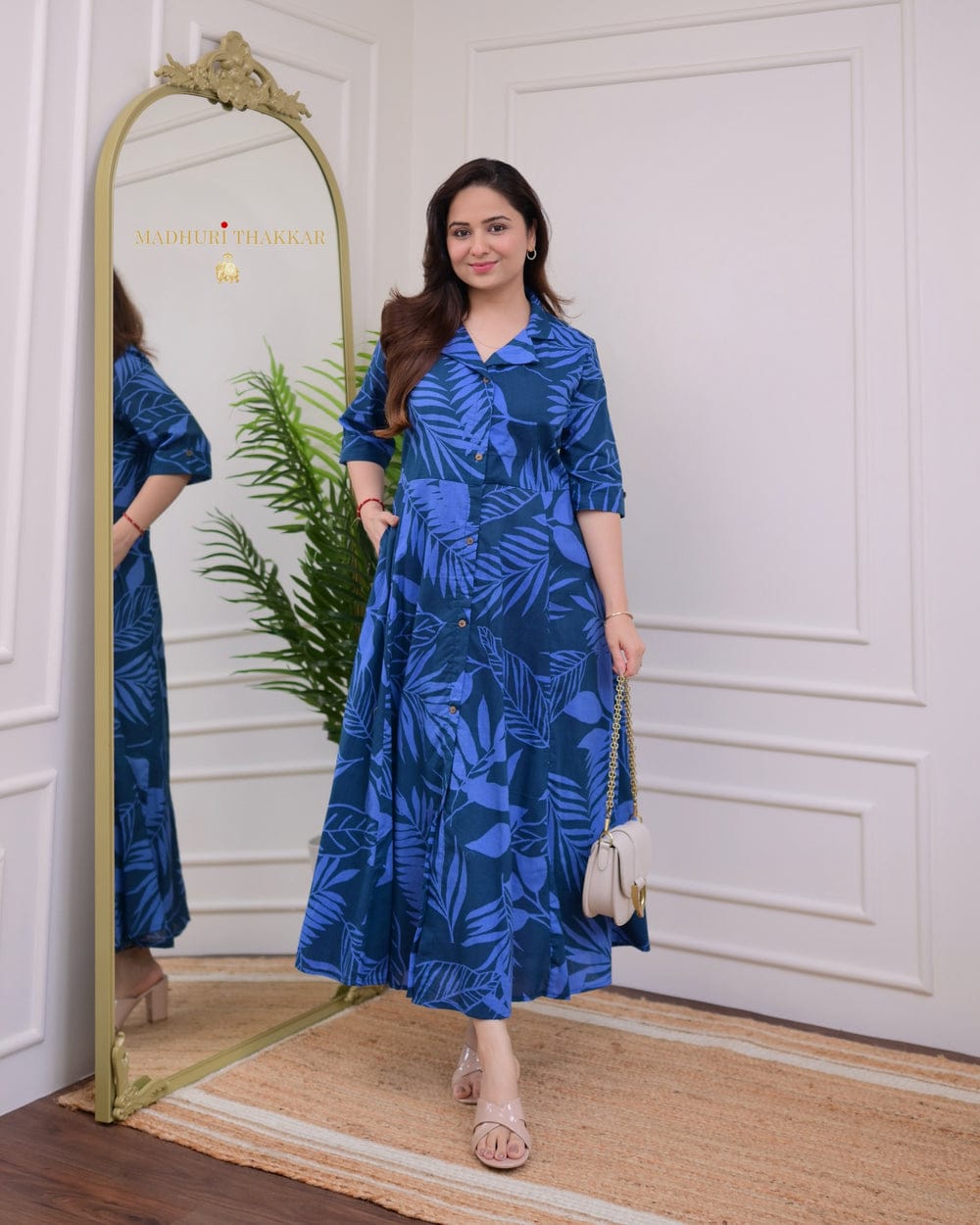 Royal Blue Cotton A-Line Kurti with Tropical Leaf Print.