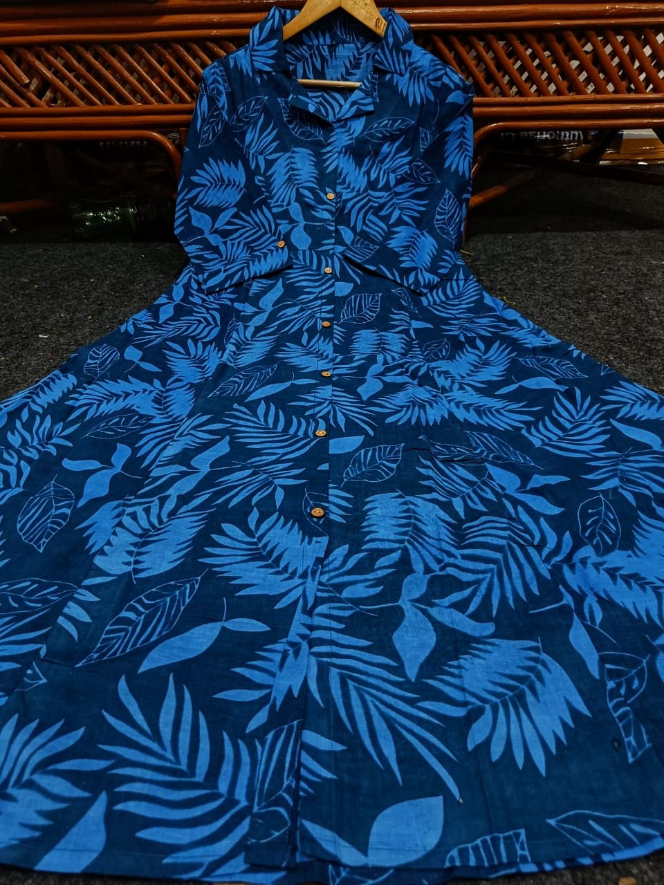 Royal Blue Cotton A-Line Kurti with Tropical Leaf Print.