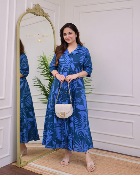 Royal Blue Cotton A-Line Kurti with Tropical Leaf Print.
