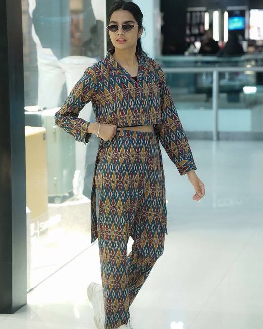 Ikat-Inspired Printed Co-Ord Set in Teal, Mustard, Rust & Maroon.