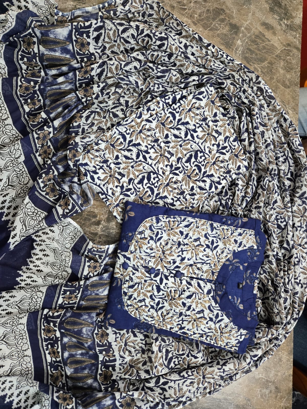 Royal Blue Cotton Kurti Set with Floral Prints & Coordinated Dupatta.