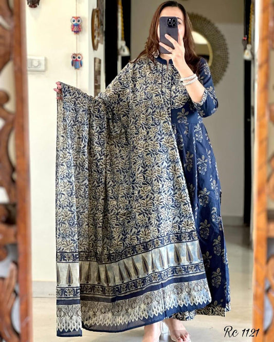 Royal Blue Cotton Kurti Set with Floral Prints & Coordinated Dupatta.