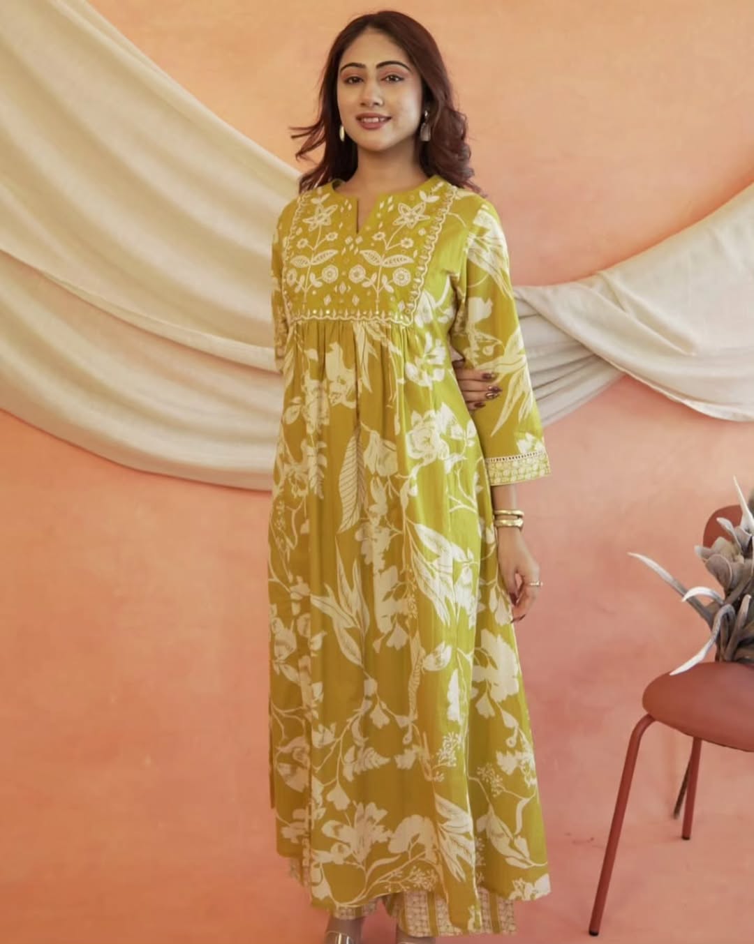 Pink or Yellow Floral Kurti Set with Embroidered Yoke & Dupatta.
