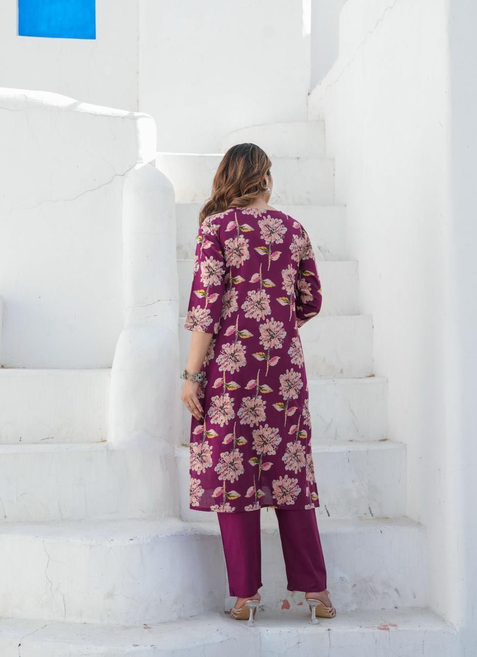 Purple Floral Cotton Kurti Set with Maroon Bottoms &amp; Printed Dupatta.