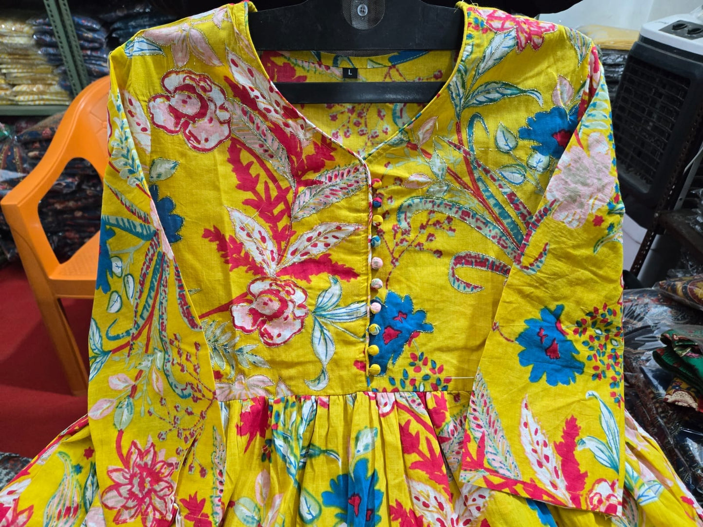 Vibrant Yellow Printed Cotton Kurti Set.