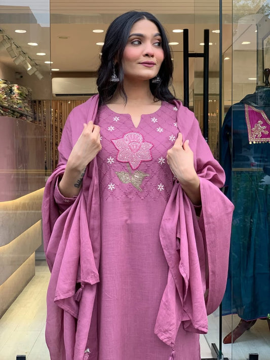 Mauve Pink Embroidered Kurti Set with Sequined Net Dupatta.