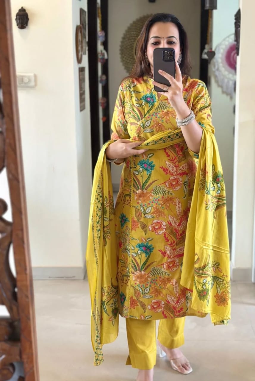 Floral-Print Cotton Kurti Set in Bright Pink, Pastel Green & Golden Yellow.