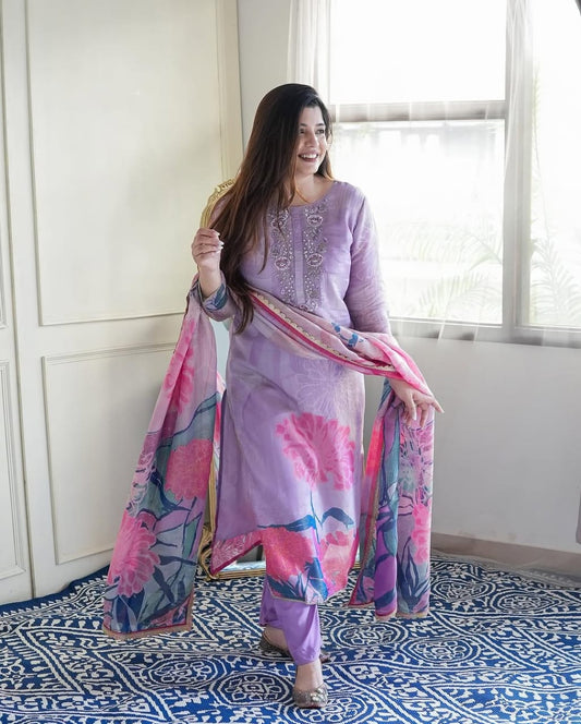 Pastel Lilac Chinnon Kurti Set with Floral Chiffon Dupatta.