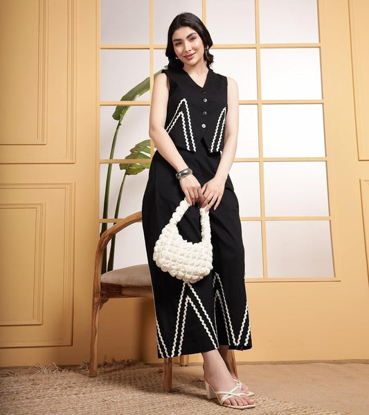 Modern Black Co-Ord Set with Zig-Zag Embroidery.