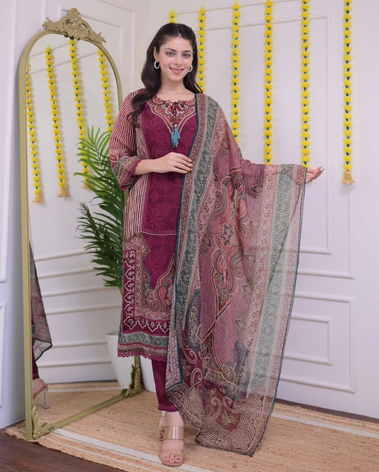 Maroon Muslin Pakistani Suit Set with Golden Accents.
