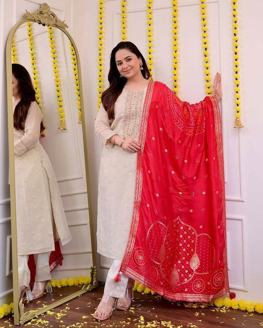 Ivory Silk Kurti Set with Embroidery & Crimson Jequard Dupatta.