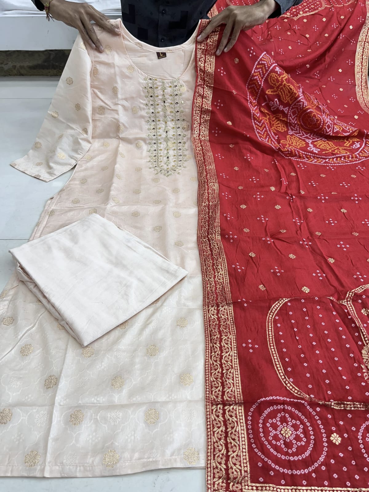 Ivory Silk Kurti Set with Embroidery & Crimson Jequard Dupatta.