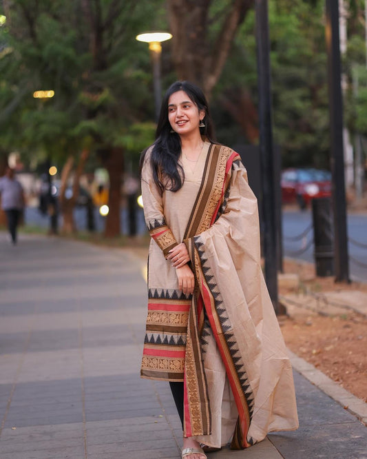 Ivory Silk Kurti Set with Crimson Jequard Dupatta.